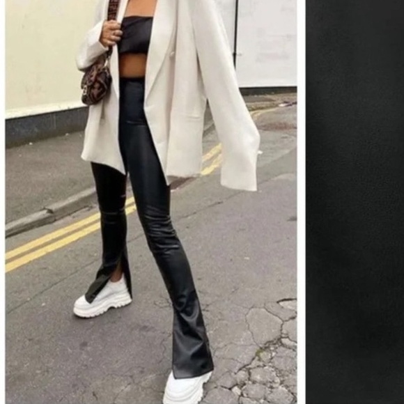 Zara Faux Leather Black Flare Trousers High Waist Pants Slits by Hem Size 4 - Picture 2 of 9